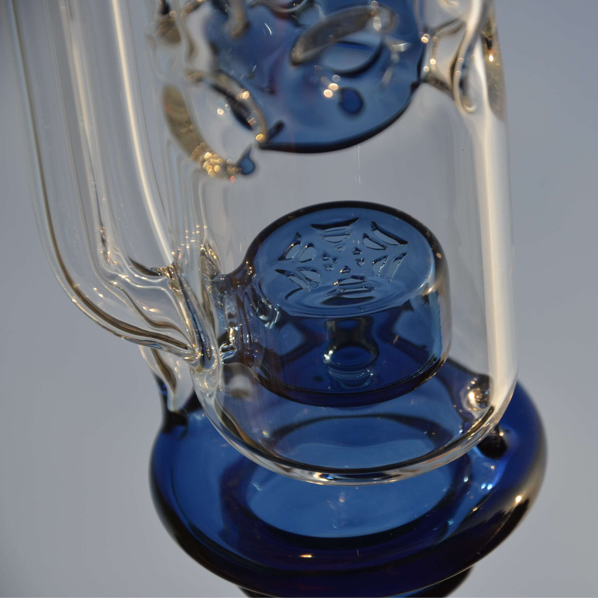 Calibear Straight Fab Carta Attachment in blue, close-up side view showing intricate percolator design