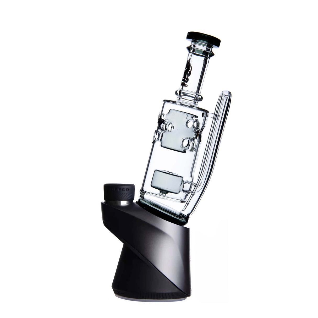 Calibear Straight Fab Puffco Attachment in Clear Glass - Side View on Black Stand