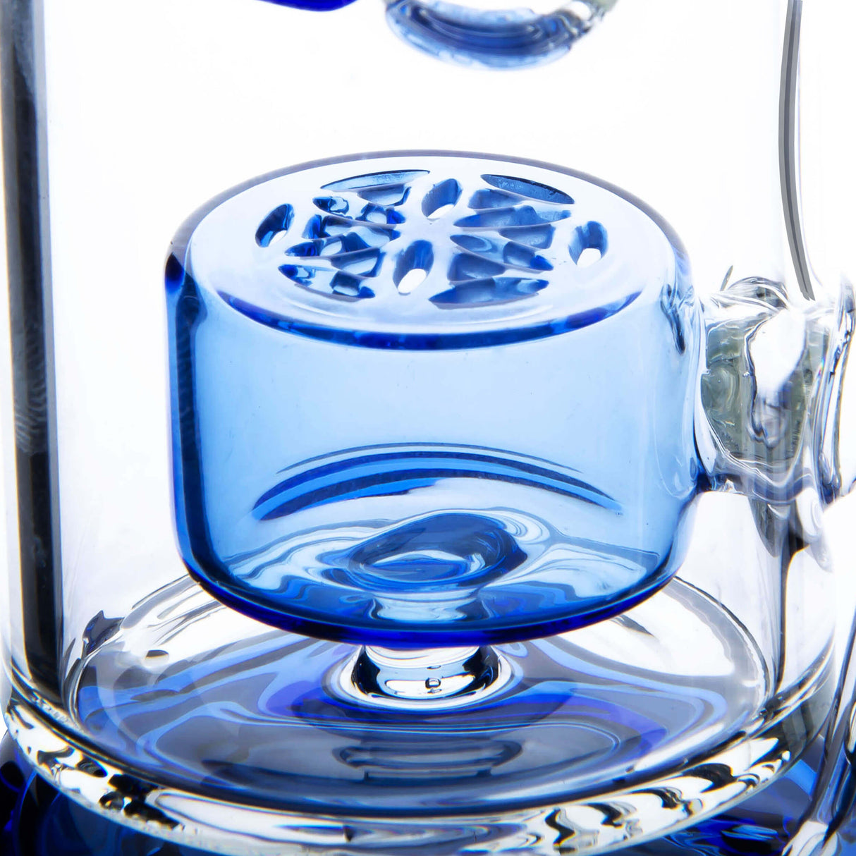 Calibear Straight Fab Puffco Attachment in blue, clear close-up side view on seamless white