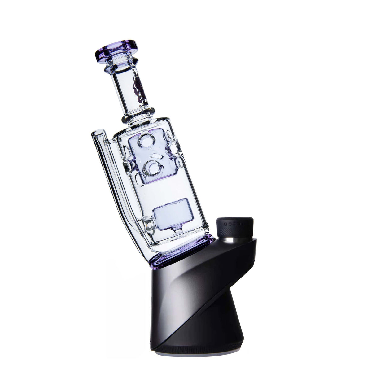 Calibear Straight Fab Puffco Attachment in clear glass, side view on a black stand