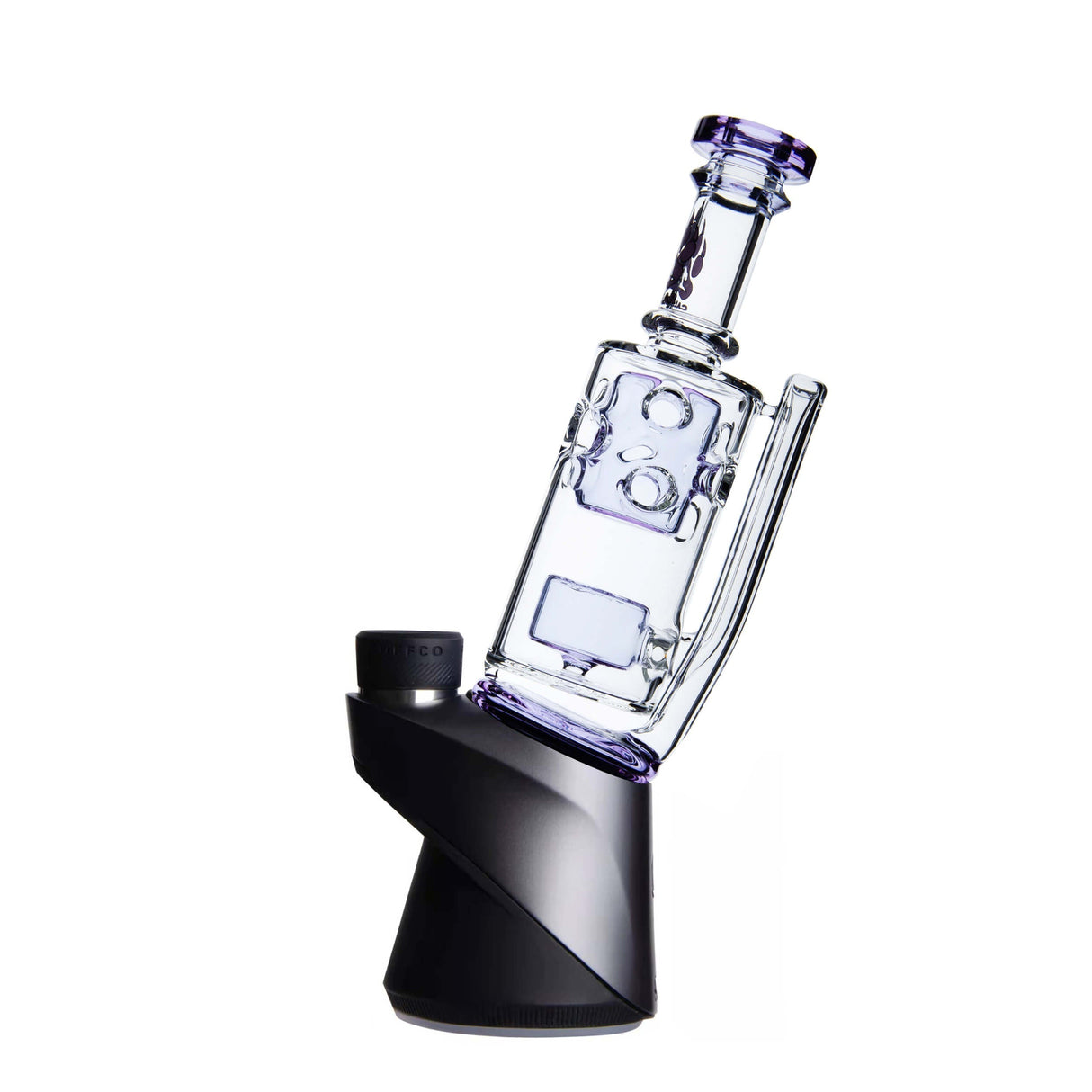 Calibear Straight Fab Puffco Attachment in clear glass with blue accents, side view on black stand
