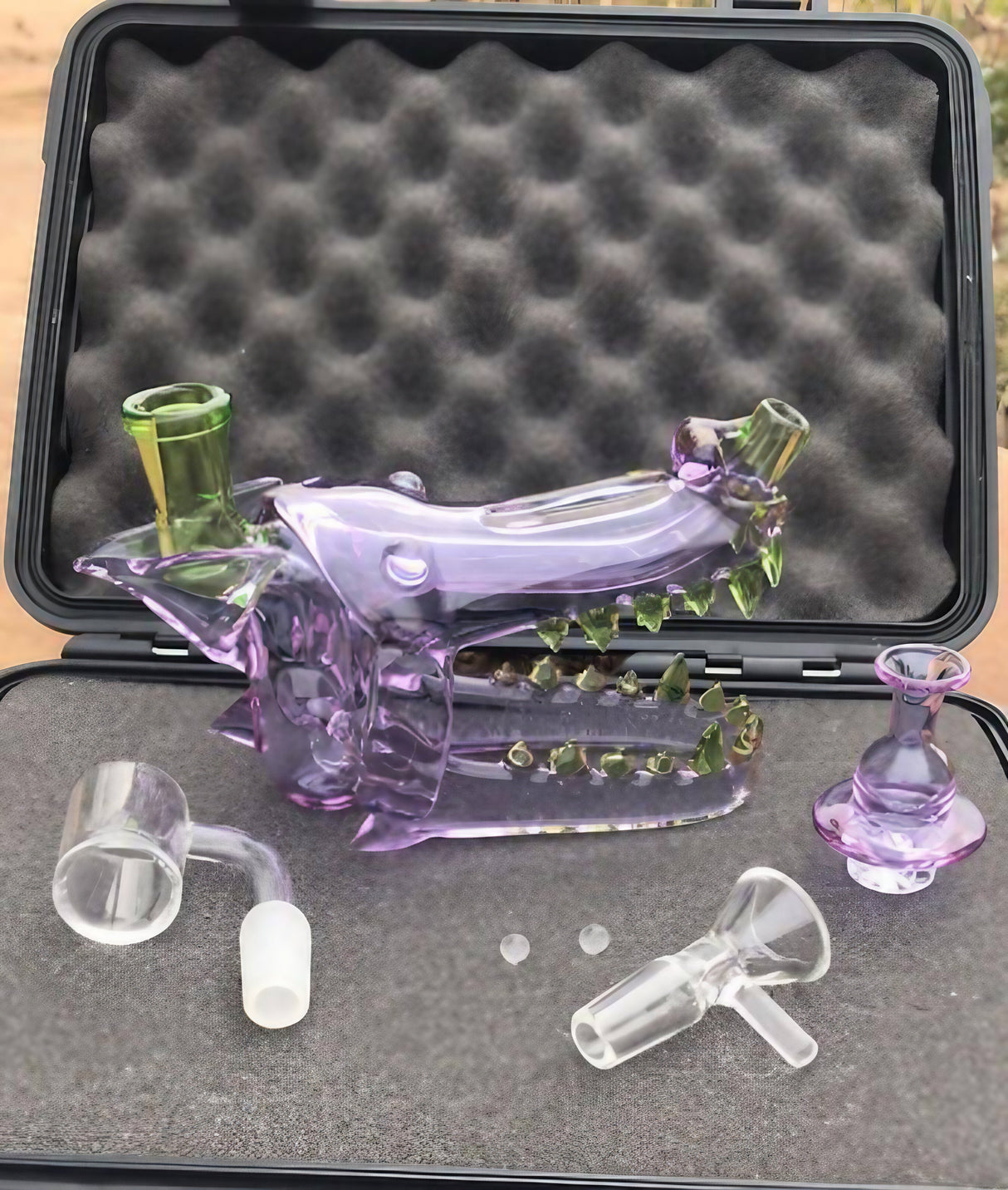 Calibear Wolf Head Dab Rig with Pinhole Perc, Purple & Green Glass, Case View