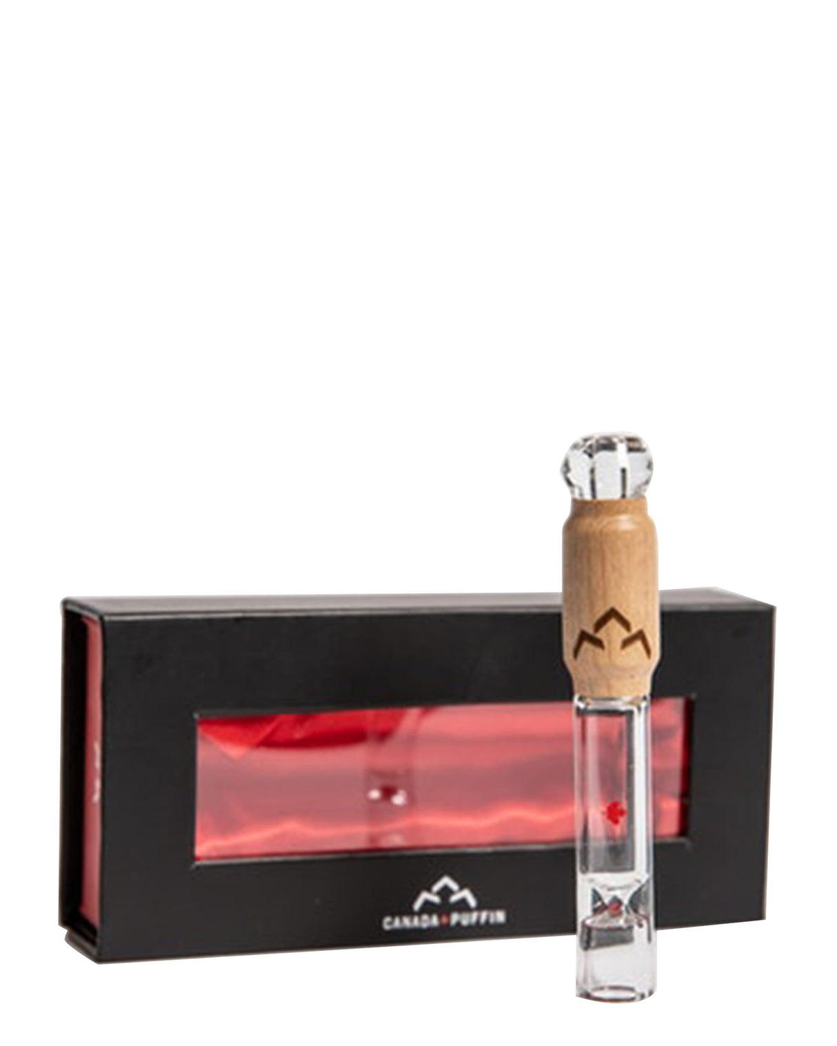 Canada Puffin Glass & Maple Wood Taster Pipe, 3.5" One-Hitter, Front View with Box