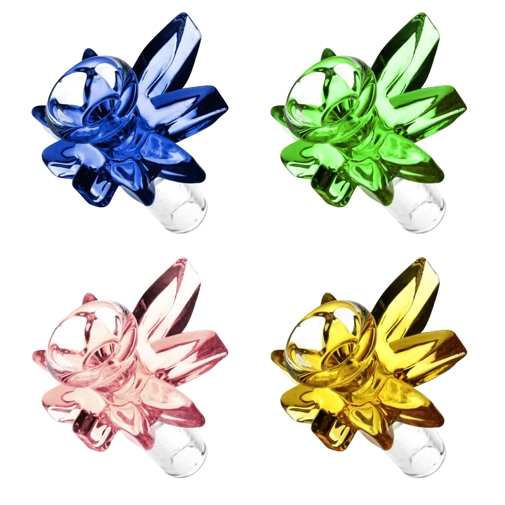 Assorted Cannabis Leaf Glass Herb Slides in blue, green, pink, and yellow, top view
