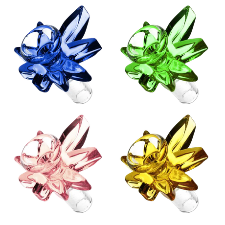 Assorted Cannabis Leaf Glass Herb Slides in blue, green, pink, and yellow, top view