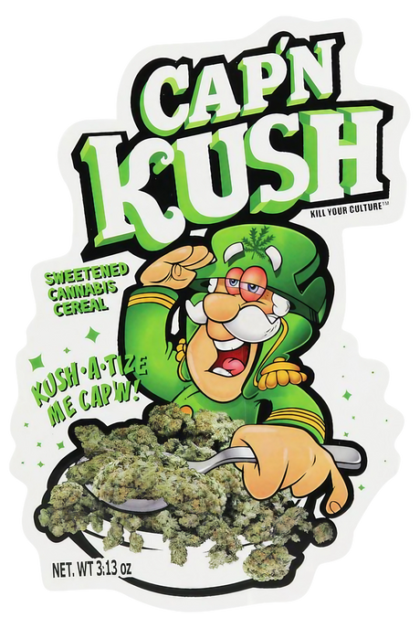 Cap'n Kush novelty sticker with cartoon character and cannabis-themed cereal design, size 3.5" x 5.5"