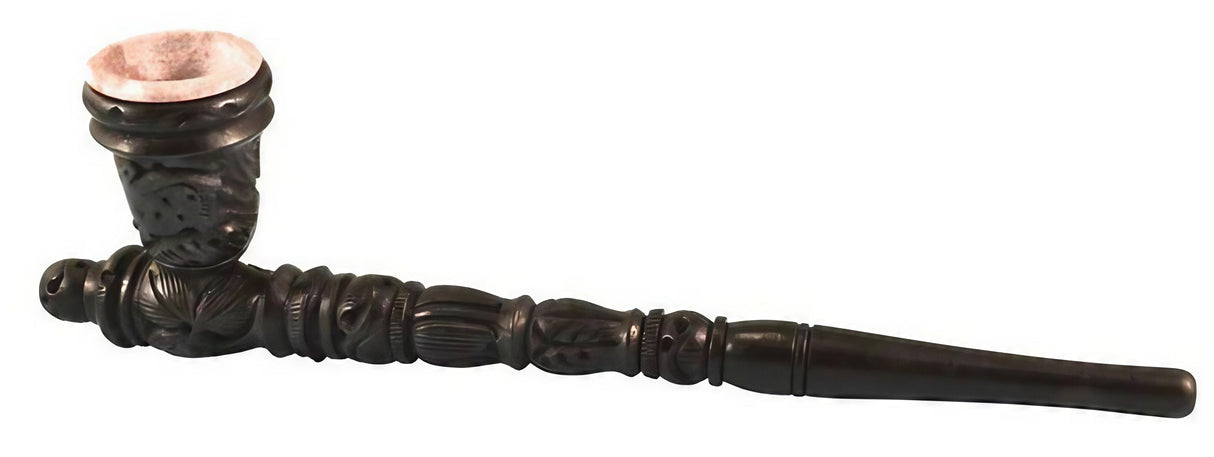 Carved Wood Gandalf Pipe with Stone Bowl, 11" length, intricate design, side view