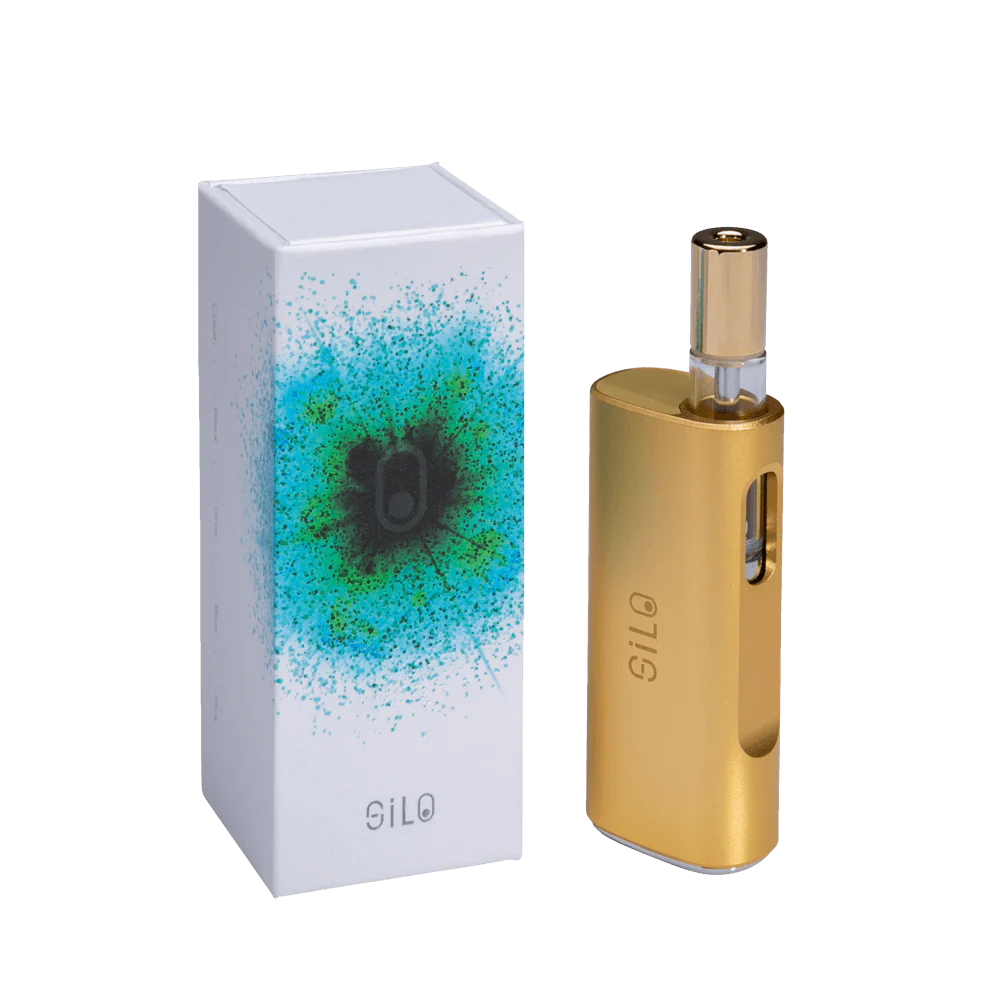 CCELL Silo Auto Draw Cartridge Vaporizer in Gold, 500mAh, side view with packaging