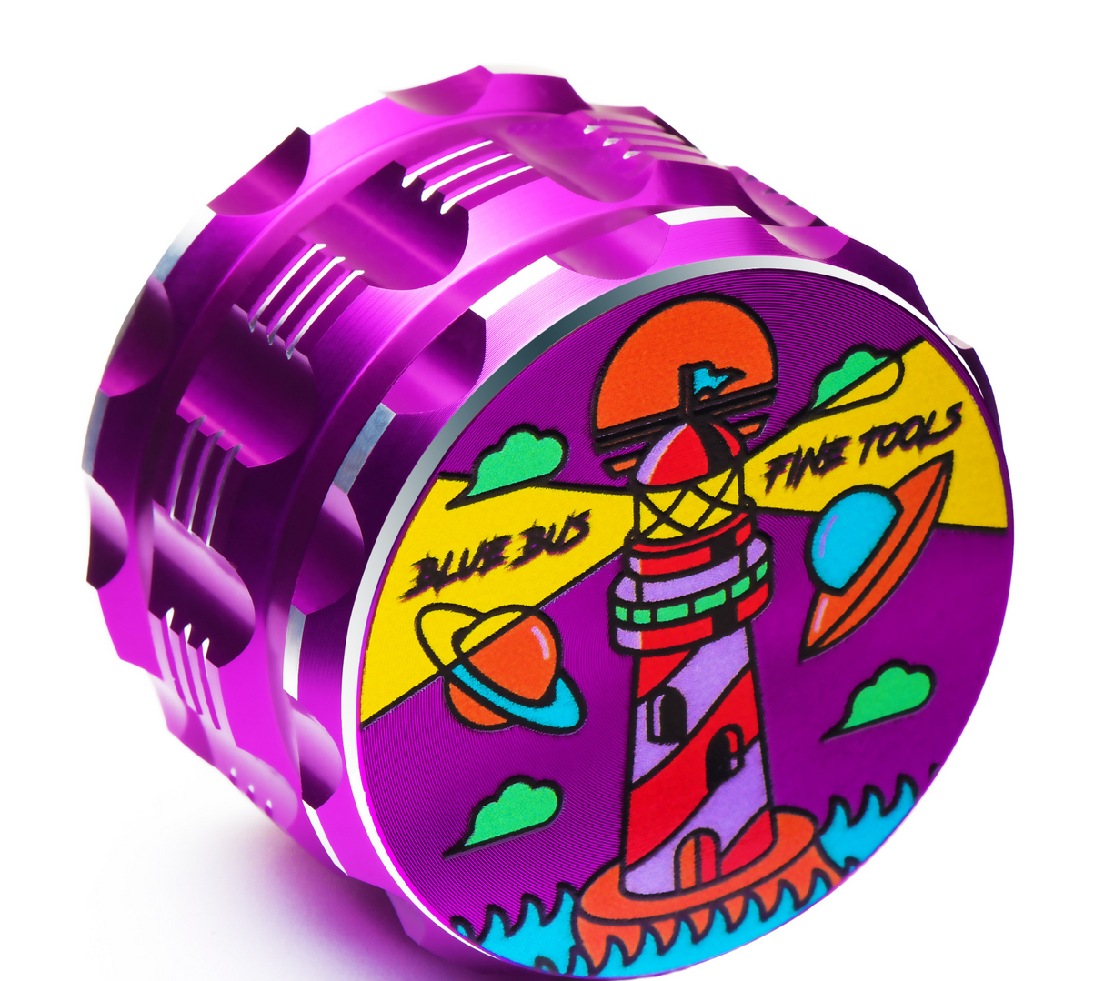 BLUEBUSFINETOOLS CERAMIC GRINDER - GAC 2.5" with vibrant lighthouse design - angled view