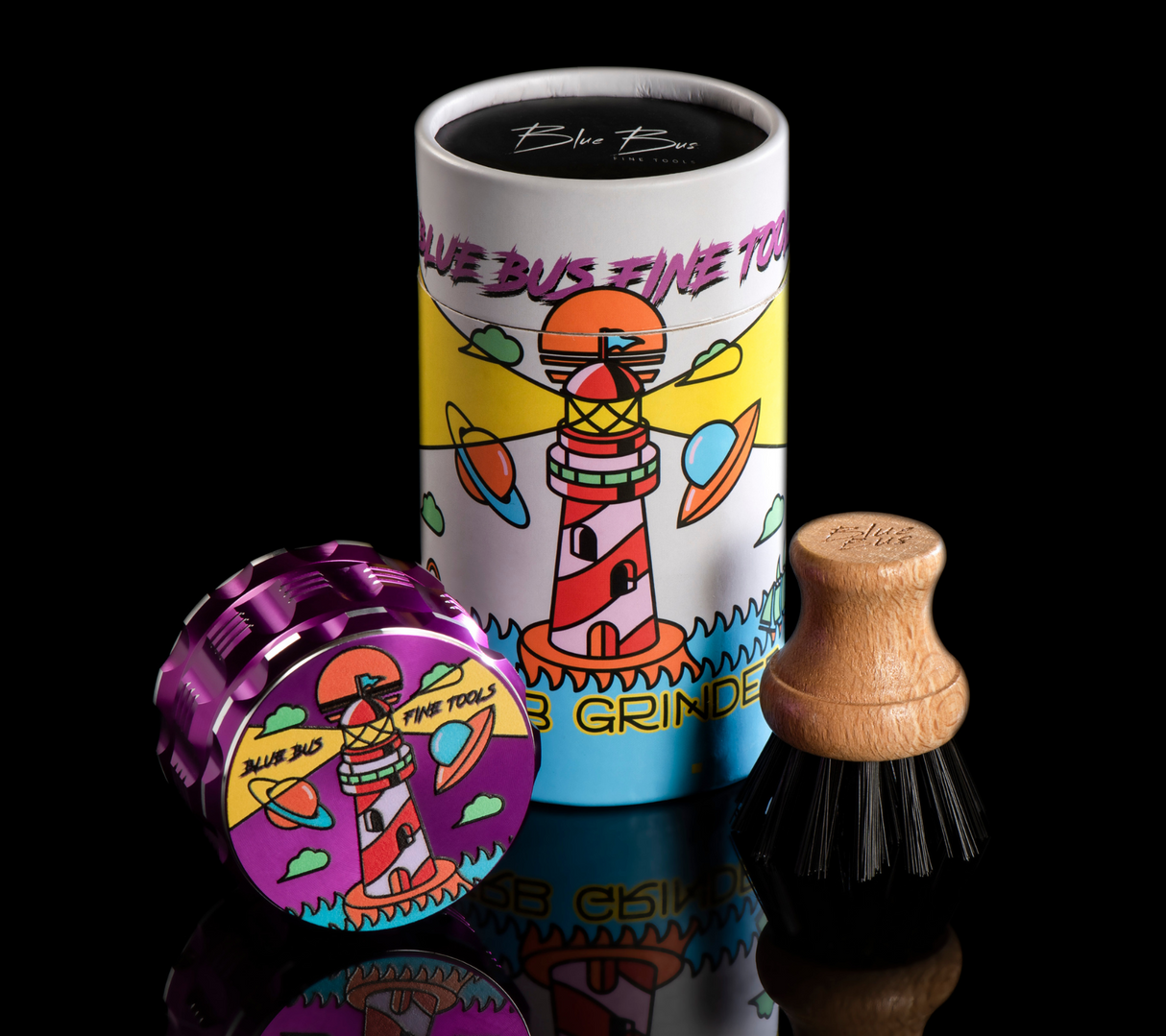 BLUEBUSFINETOOLS CERAMIC GRINDER - GAC 2.5" with colorful design, front view on black background