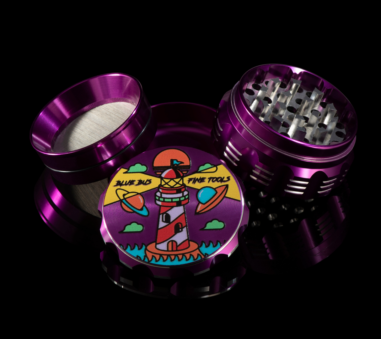 BLUEBUSFINETOOLS CERAMIC GRINDER - GAC 2.5" with vibrant lighthouse design, shown disassembled on black background