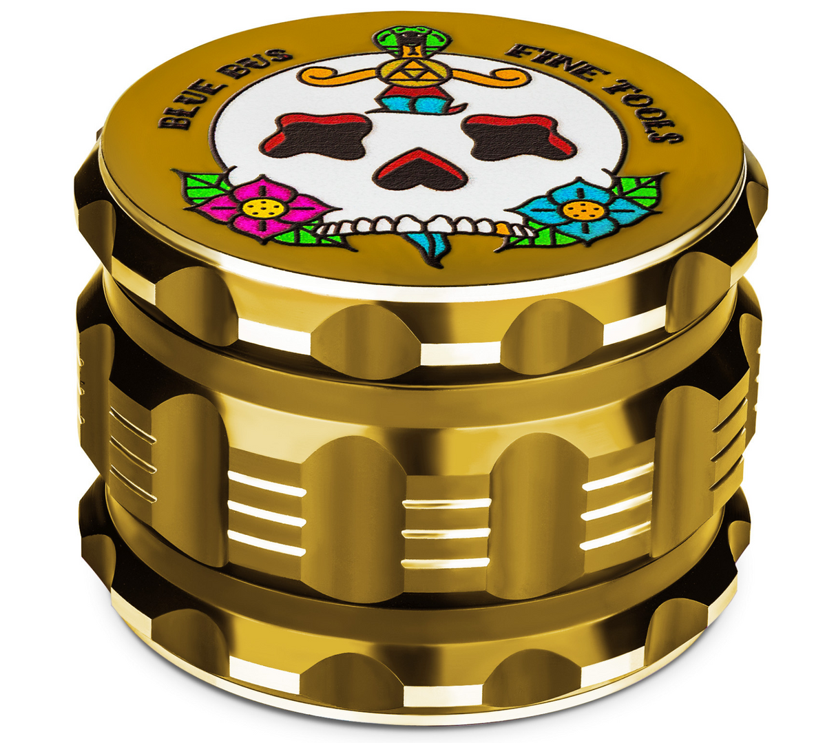 BLUEBUSFINETOOLS CERAMIC GRINDER GAC 2.5" in Gold - Top View with Intricate Design