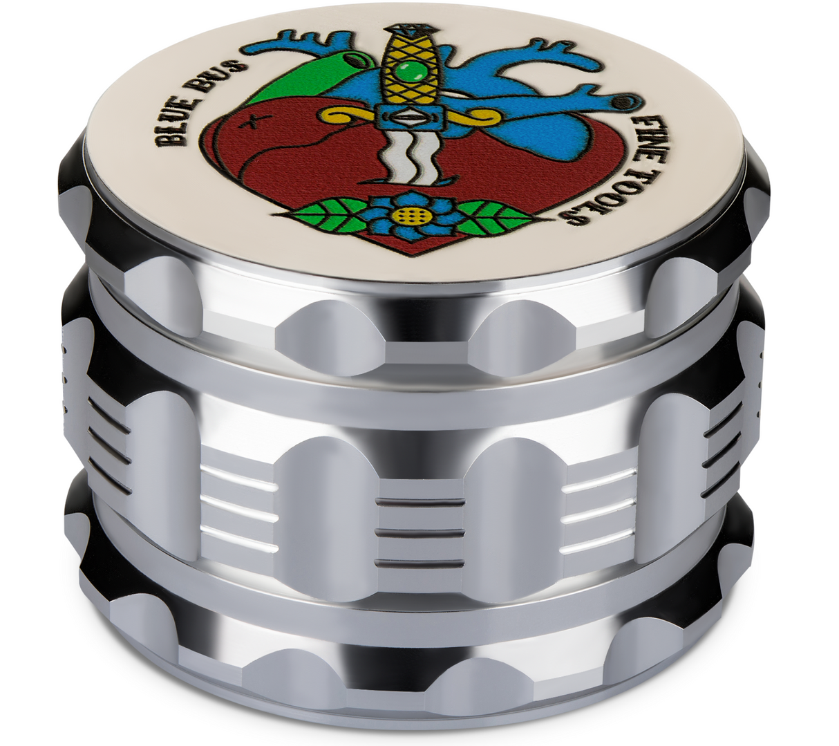 BLUEBUSFINETOOLS Ceramic Grinder - GAC 2.5" in Silver - Top View with Intricate Design