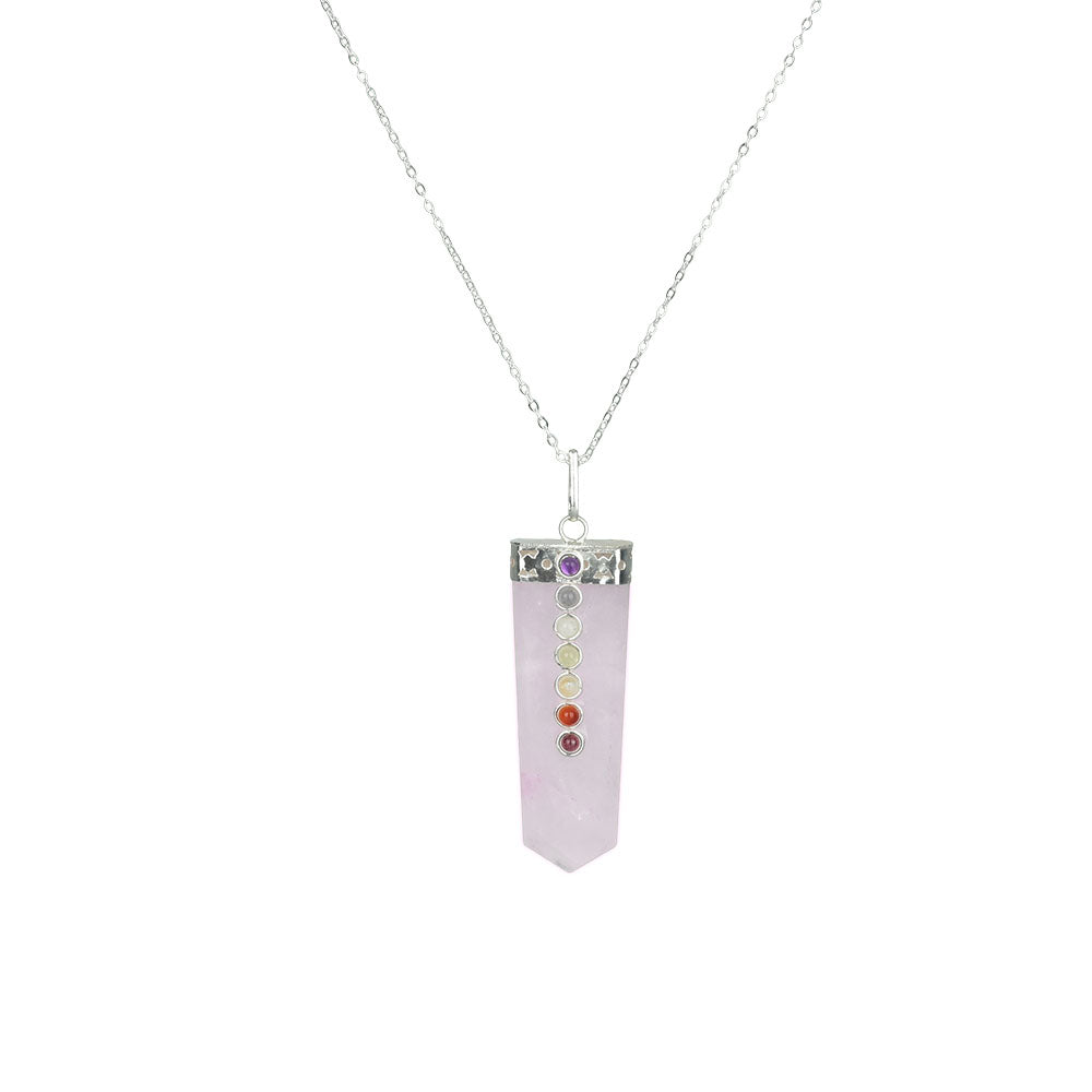 Chakra Chain Necklace with Rose Quartz Pendant and Steel 20" Chain on White Background