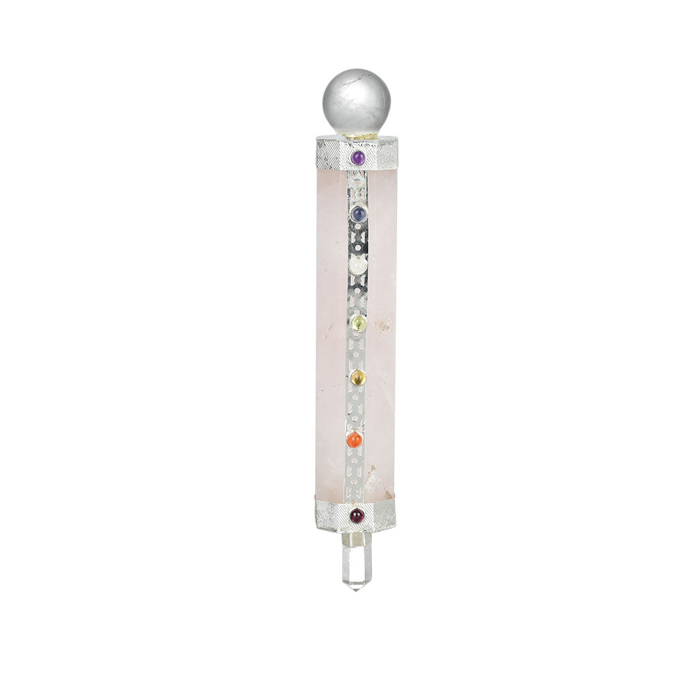Chakra Healing Wand, 5.5" Borosilicate Glass, Rose Quartz top, Front View