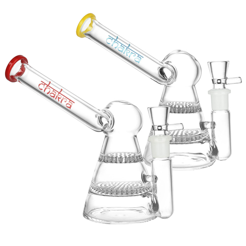 Chakra Honeycomb Sidecar Water Pipe with 14mm Female Joint, Borosilicate Glass, Front and Angle View