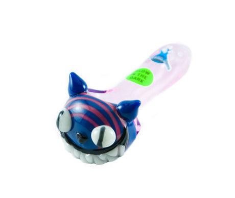 Chameleon Glass Cheshire Cat Pipe with Glow in the Dark Feature, Angled View
