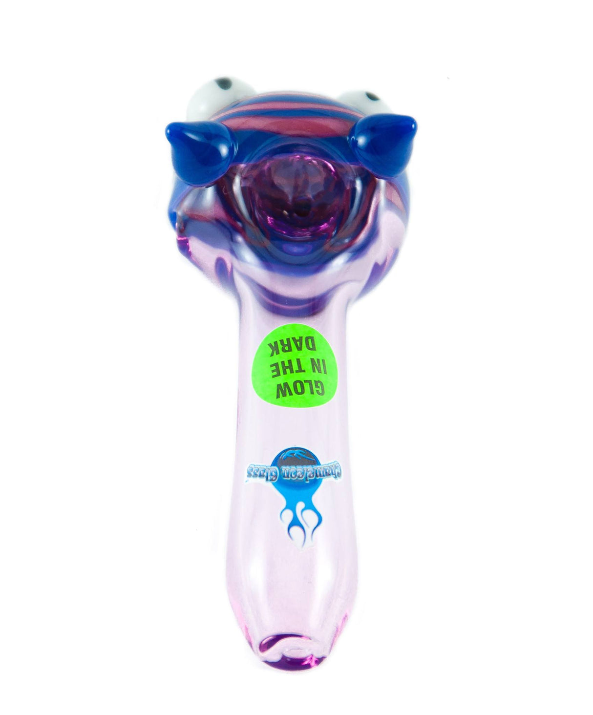 Chameleon Glass Cheshire Cat Pipe with Glow in the Dark Eyes, Front View