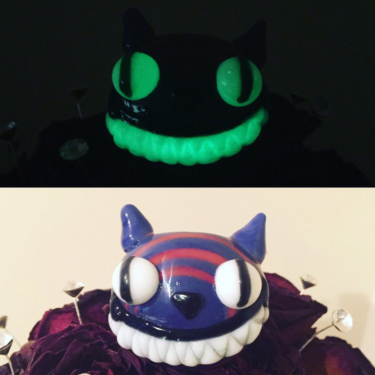 Chameleon Glass Cheshire Cat Pipe with glow effect, displayed in dark and light settings