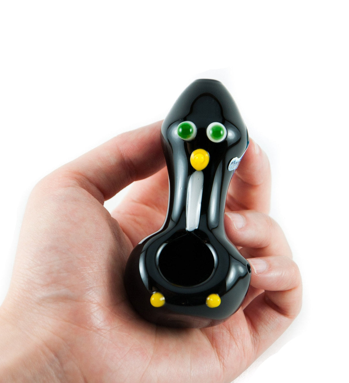 Chameleon Glass Chilly Willy hand pipe held in palm, USA borosilicate glass, front view