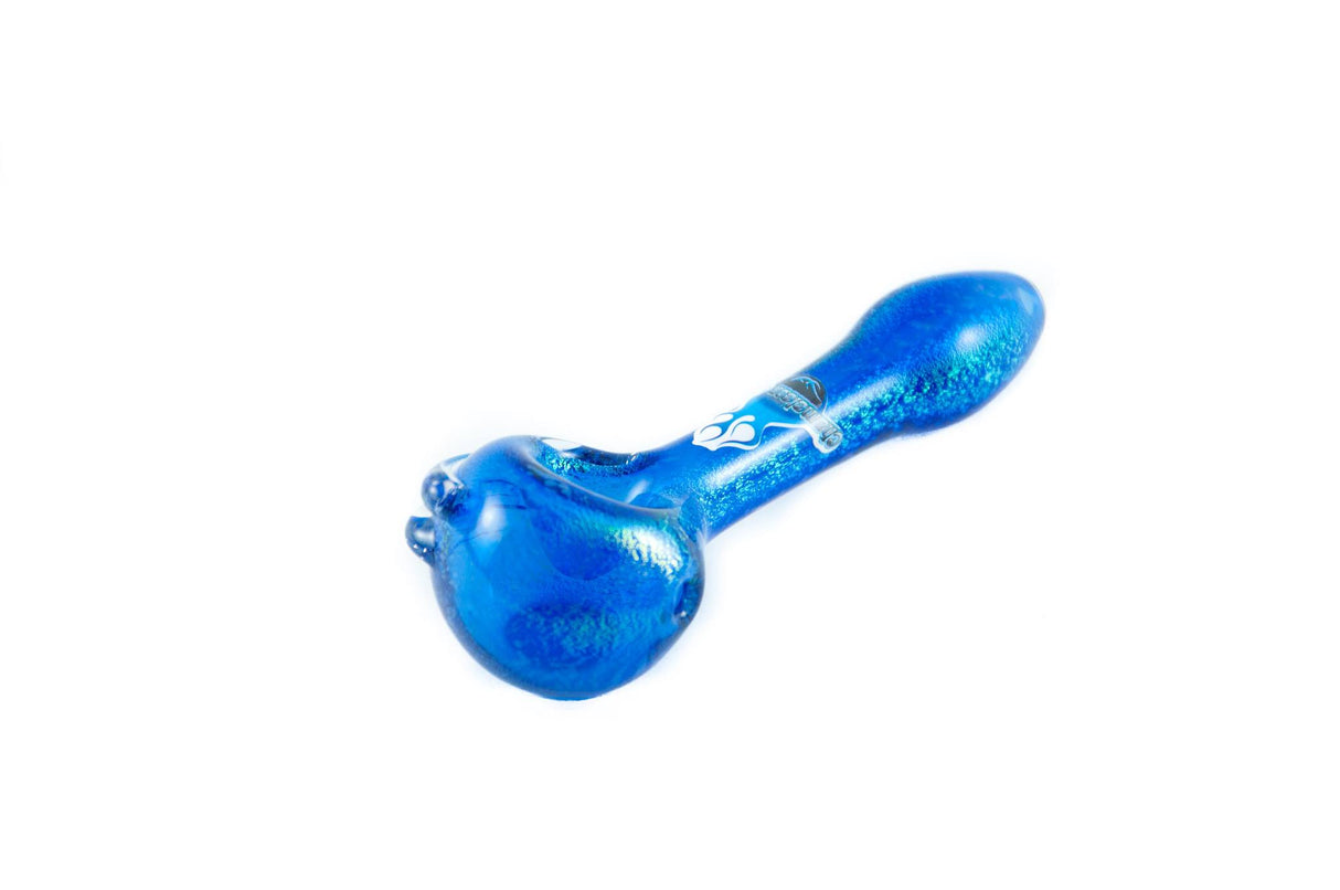 Chameleon Glass Dichroic Prophecy Hand Pipe in Borosilicate Glass, Top View on White Background