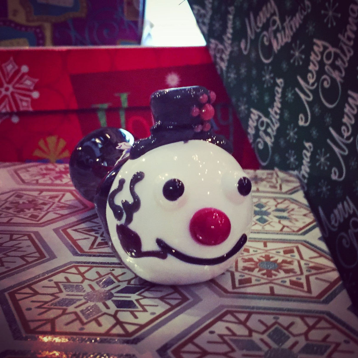 Chameleon Glass Frosty the Snowman Pipe with Deep Bowl - Festive Side View