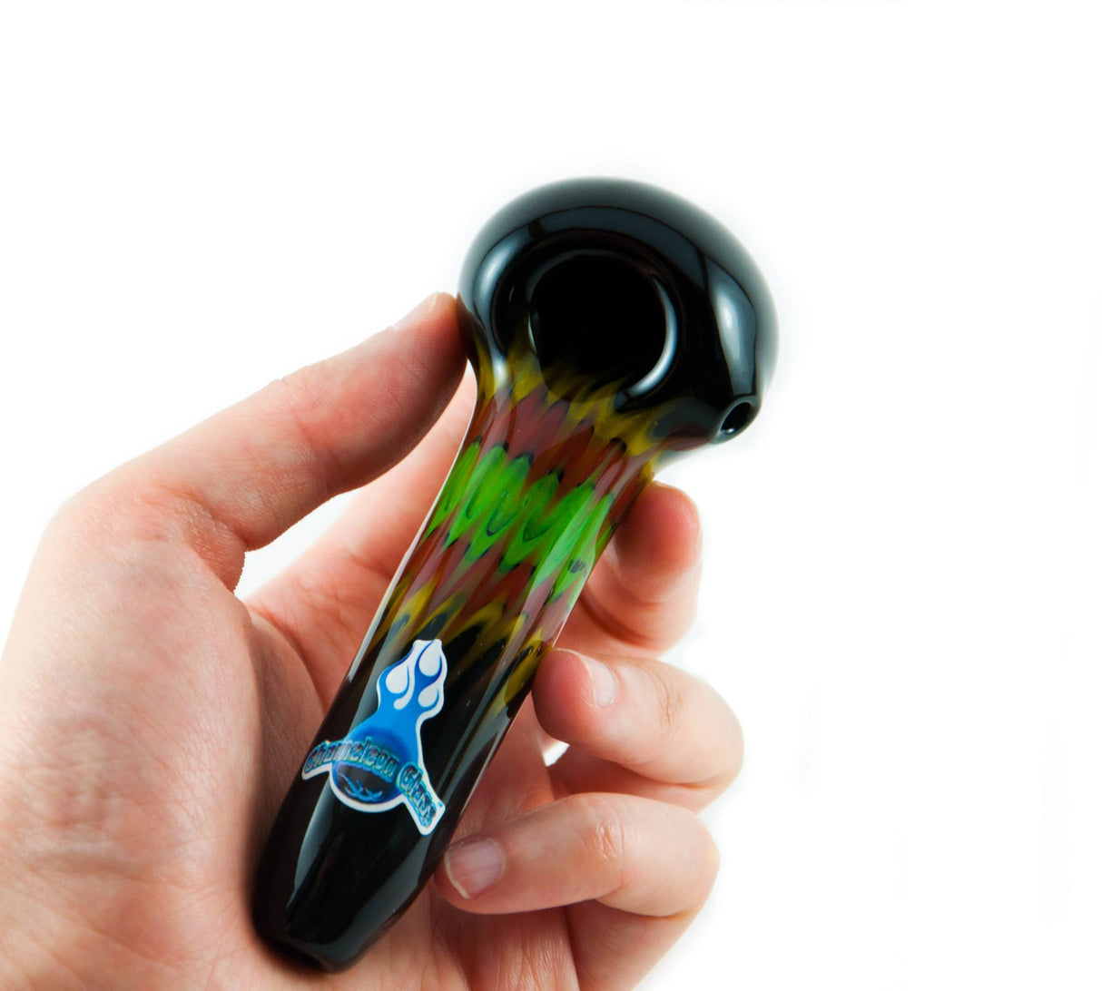 Chameleon Glass Razor Rasta Hand Pipe with Heavy Wall Borosilicate Glass, held in hand - DankGeek