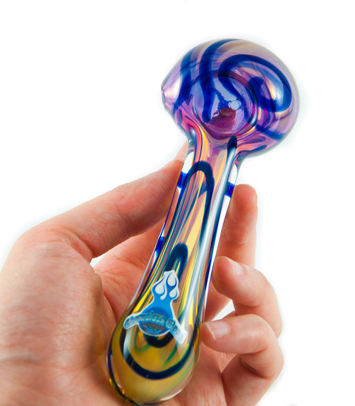 Chameleon Glass Space Cadet Hand Pipe held in hand, Borosilicate Glass, vibrant swirl design