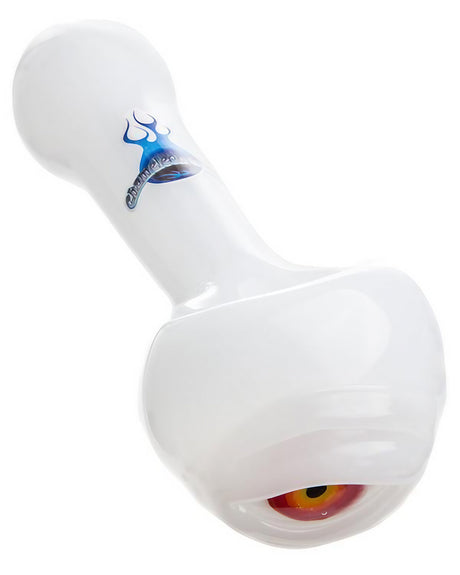 Chameleon Glass Cyclops Pipe in White with Unique Eye Design - Side View
