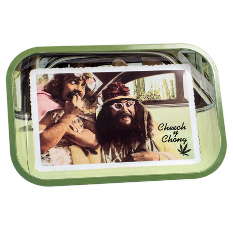 Cheech & Chong Metal Rolling Tray - Los Cochinos design, 11" x 7" size, top view on white background