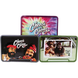Cheech & Chong themed metal rolling tray stash boxes in various designs, angled view