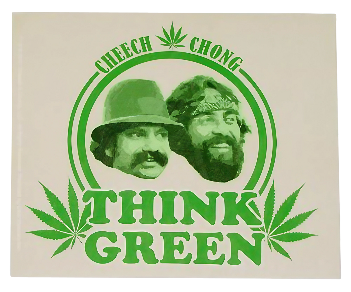 Cheech & Chong "Think Green" novelty sticker with iconic duo and cannabis leaf design