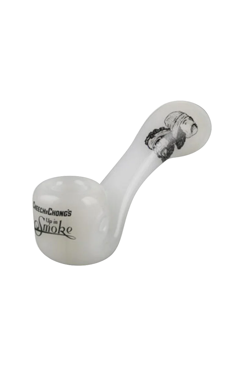 Cheech & Chong "Up in Smoke" clear glass Sherlock pipe, compact 4" design, heavy-wall borosilicate