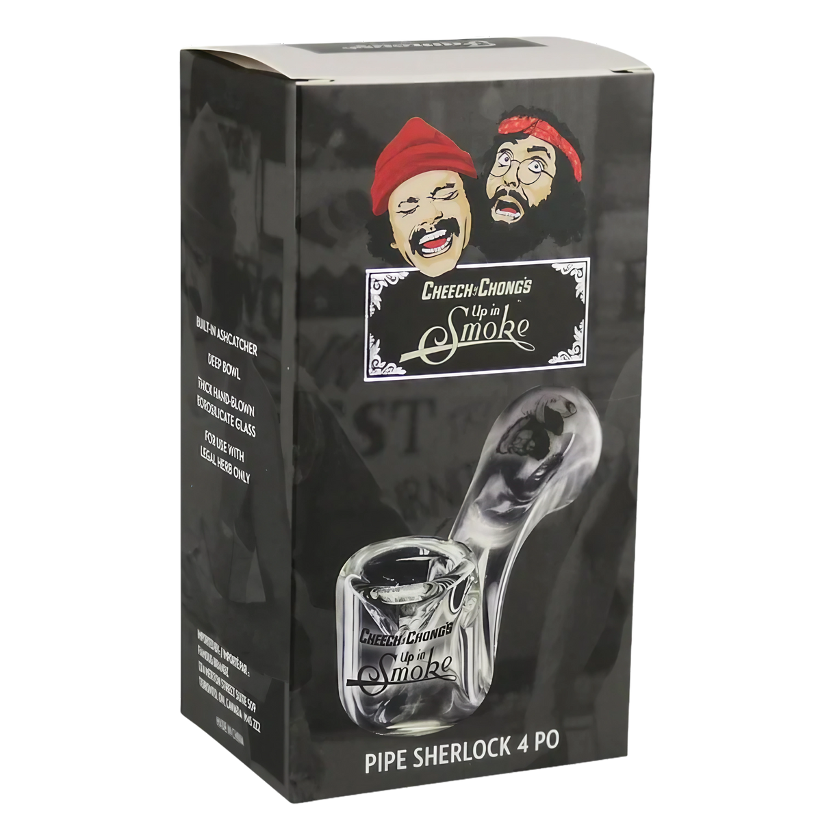 Cheech & Chong "Up in Smoke" clear Sherlock glass pipe with packaging, compact design