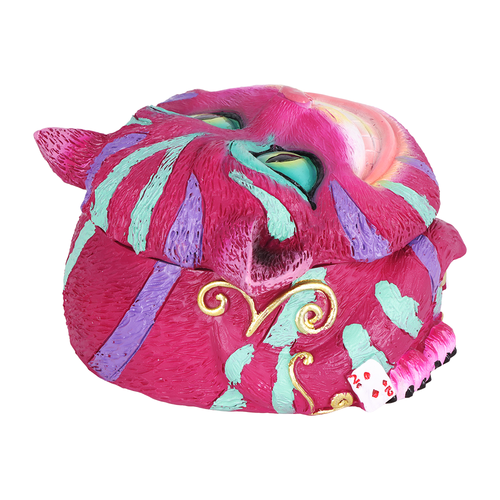 Cheshire polyresin stash jar for herb, coins or keys, a whimsical Alice in Wonderland style desk piece