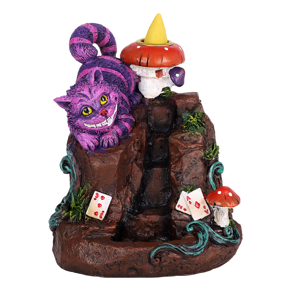Cheshire Waterfall polyresin backflow incense burner 5.75 inch with the Cheshire cat beside a waterfall