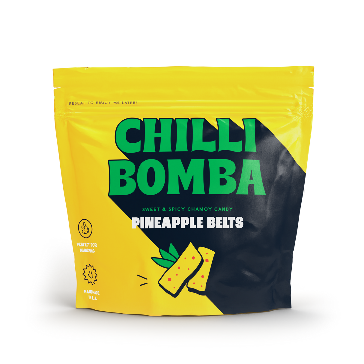 Front view of Chilli Bomba Pineapple Belts candy bag, 8oz, with vibrant yellow packaging