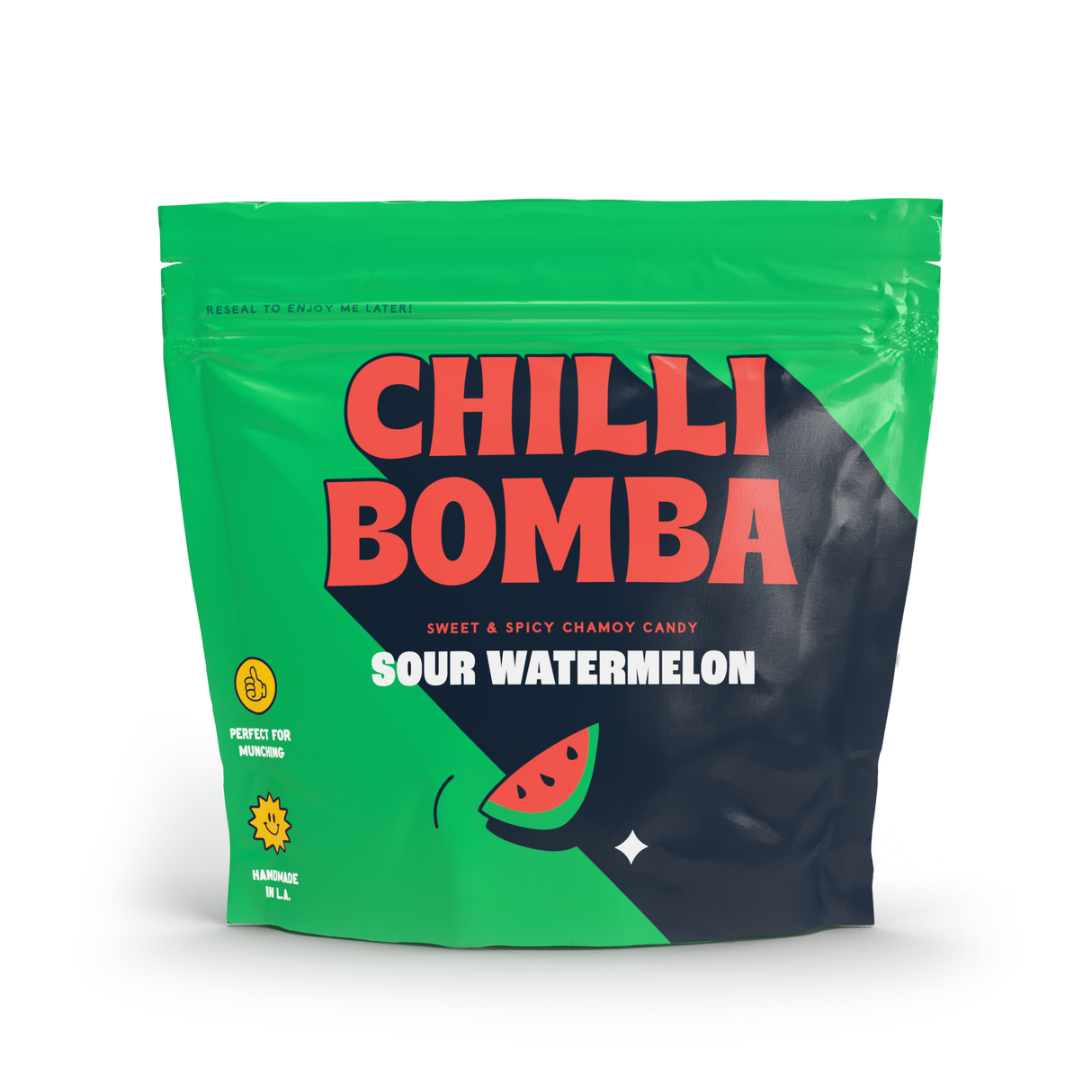 CHILLI BOMBA Sour Watermelon 8oz Candy Bag Front View on Seamless White