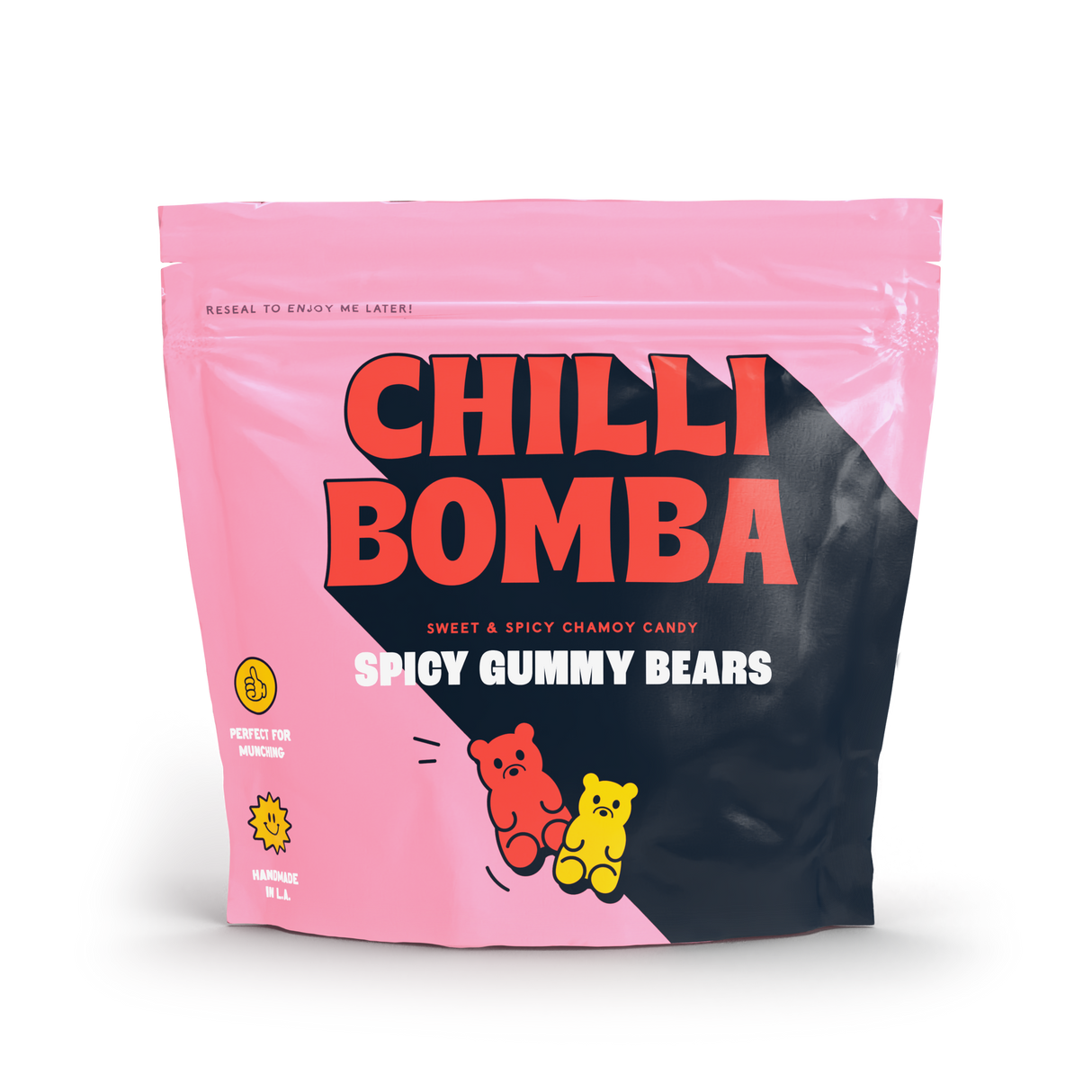 CHILLY BOMBA Spicy Gummy Bears 8oz package front view with vibrant pink design