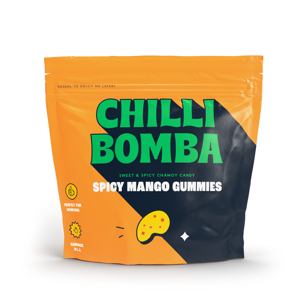 CHILLI BOMBA Spicy Mango Gummies 8oz package front view on a seamless white background