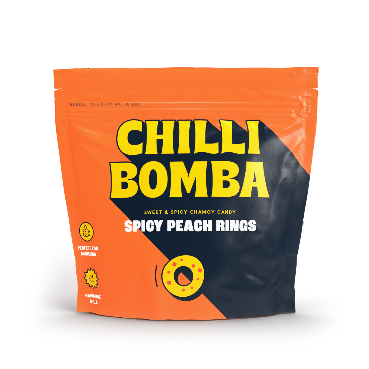 CHILLI BOMBA Spicy Peach Rings 8oz package front view on white background