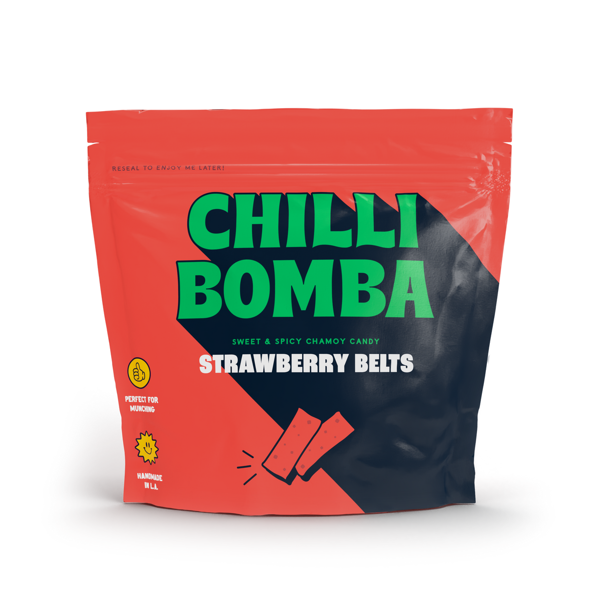 CHILLY BOMBA Strawberry Belts 8oz package, front view on a white background