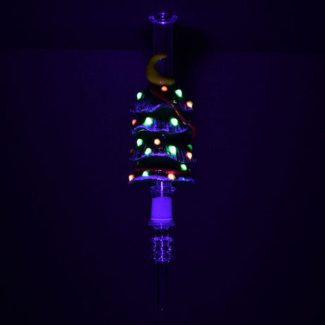 Glowing Christmas Tree Vapor Vessel with Quartz Tip, 7" Height, Front View on Dark Background