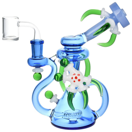 Claw's Caress Recycler Rig in blue with quartz banger, featuring a 7" height and 14mm female joint, front view.