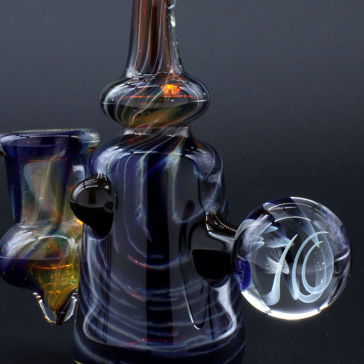 Clayball Glass "Black Moon" Heady Sherlock Dab Rig with artistic design, side view on dark background