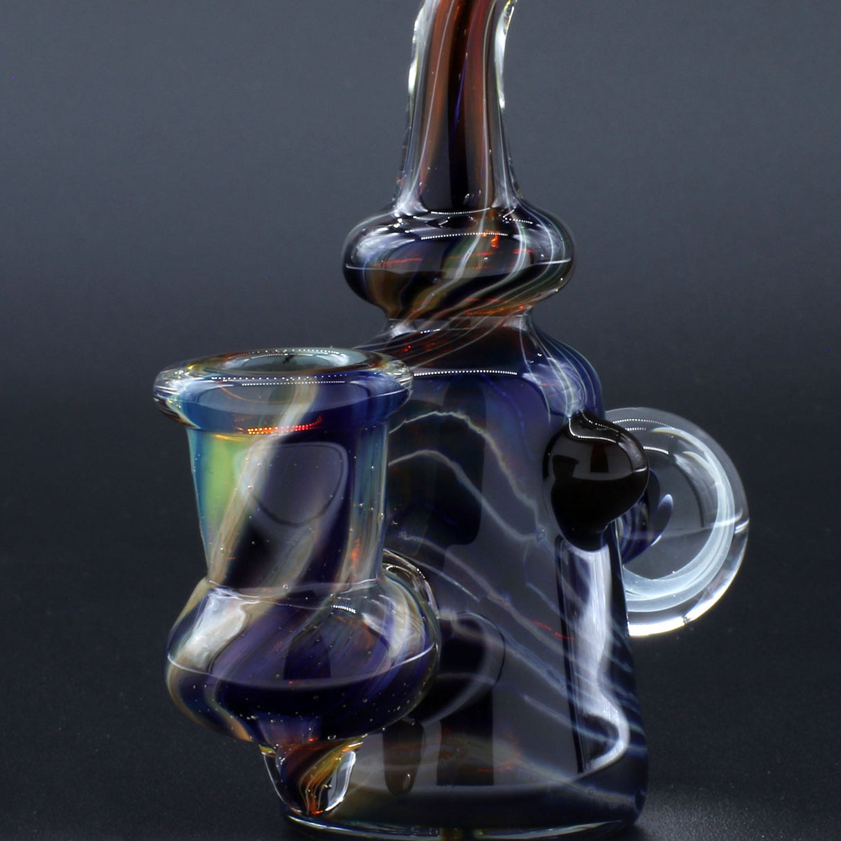 Clayball Glass "Black Moon" Heady Sherlock Dab Rig with intricate design, side view on black background