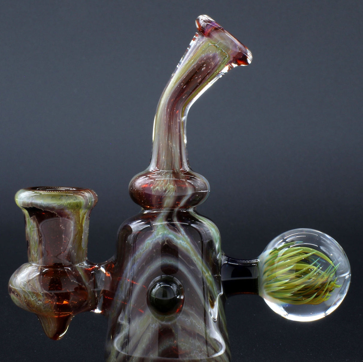 Clayball Glass "Blood Moon" Heady Sherlock Dab Rig, angled side view on black background