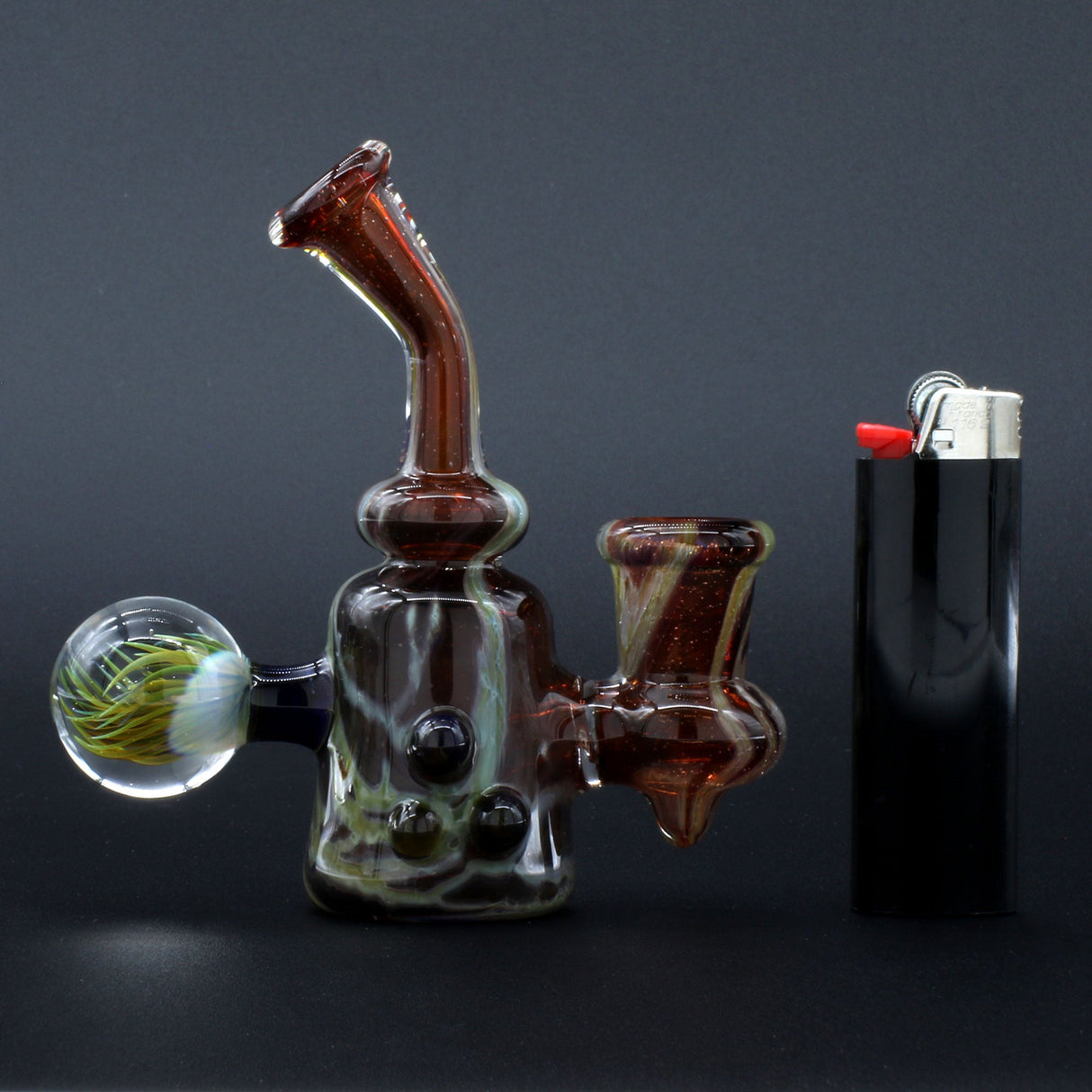 Clayball Glass "Blood Moon" Heady Sherlock Dab Rig with intricate design, side view next to lighter