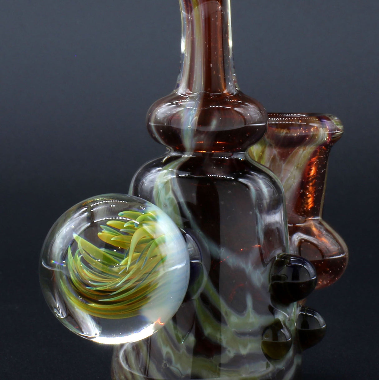 Clayball Glass "Blood Moon" Heady Sherlock Dab Rig with intricate glasswork, side view on black background