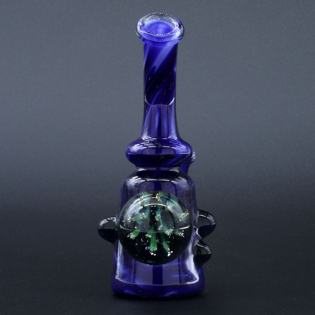 Clayball Glass "Blue Moon" Heady Sherlock Dab Rig, 10" tall with intricate design, front view on black background